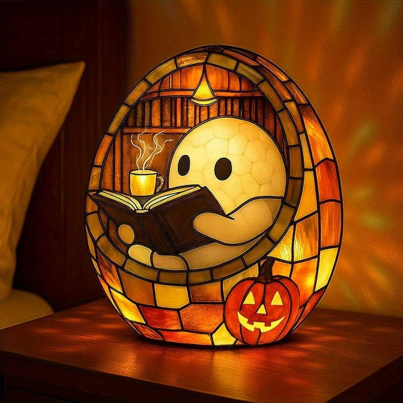 Cute Reading Bubble Night Light - Halloween Decoration with Book & Lantern, Battery-Free Tabletop, Shelf, Fireplace Decor - Spooky Ambiance Lighting for Home, Parties, Gifts - Durable Resin Construction Indoor/Outdoor Use - Perfect for Halloween Party