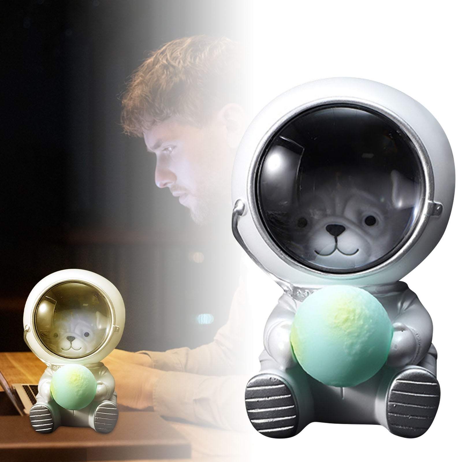 Astronaut Bear in Space Night Light - Dimmable Plug-in/Battery-Free (No Batteries Included) Warm White LED Lamp with Cute Bear Face & Planet Dome for Kids Bedroom, Nursery, Living Room - Safe Plastic Bedside Light for Adults &