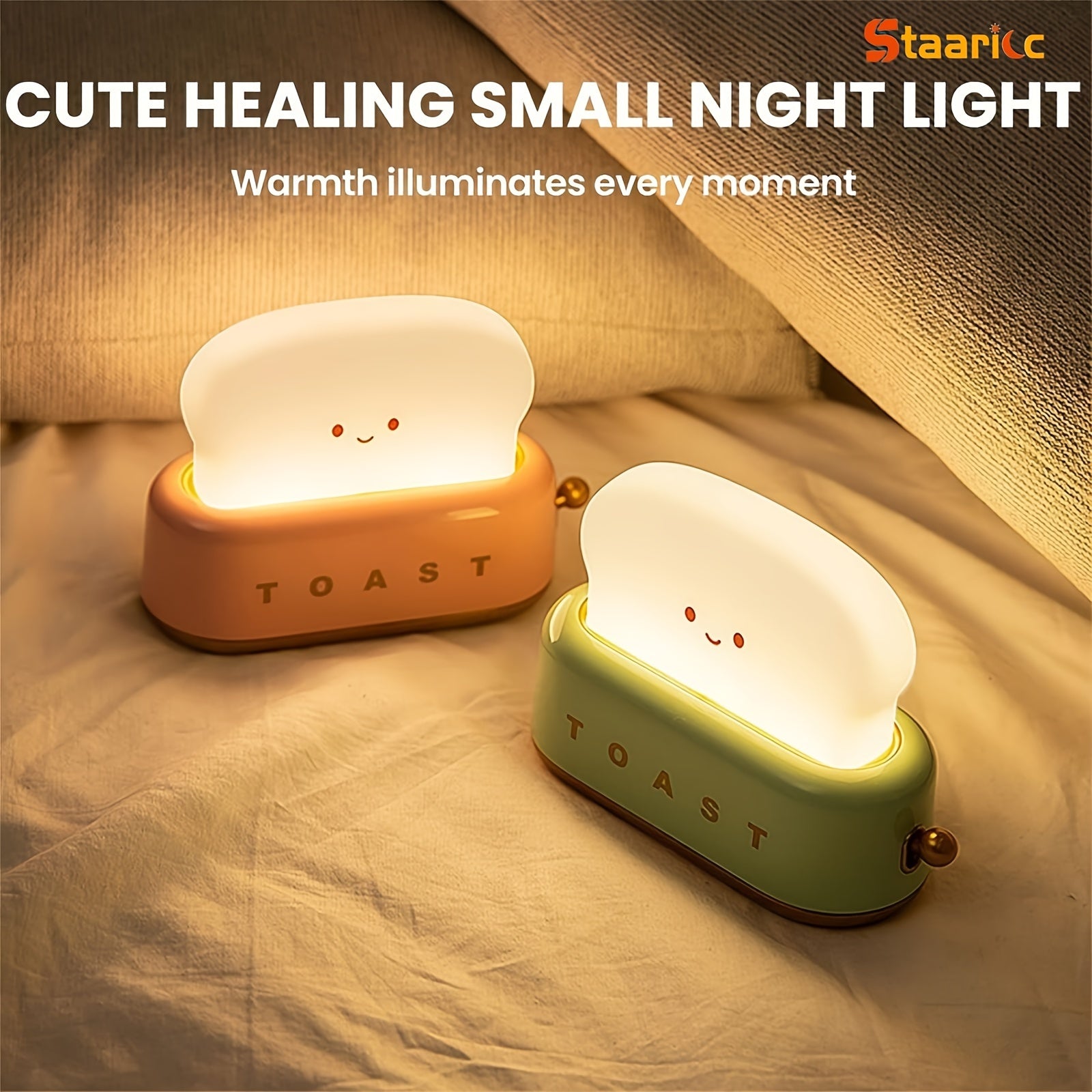 [Rechargeable LED Night Light] Staaricc Rechargeable Cute Toaster-Shaped LED Night Light - Warmth Illuminates Every Moment, Decorative Table Lamp in Green/Orange/Pink, Perfect for Christmas, Birthday, or Home Gift