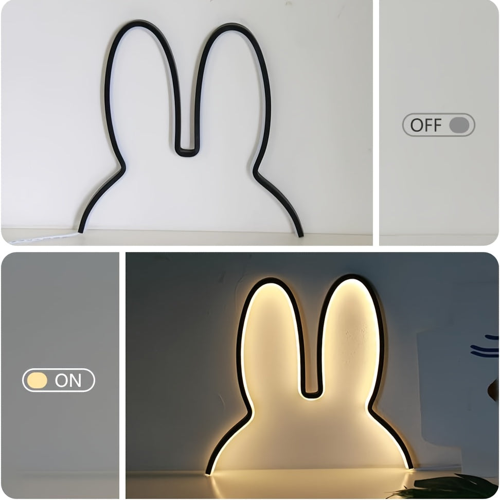 Modern Adjustable Brightness LED Rabbit Night Light for Kids Room - USB-Powered Bedside Wall/Table Lamp with Cute Animal Silhouette, Durable Plastic, Switch Control, Black, Bedroom Decor, Playful Decor, Lightweight Design, Decorative Lighting, Children's