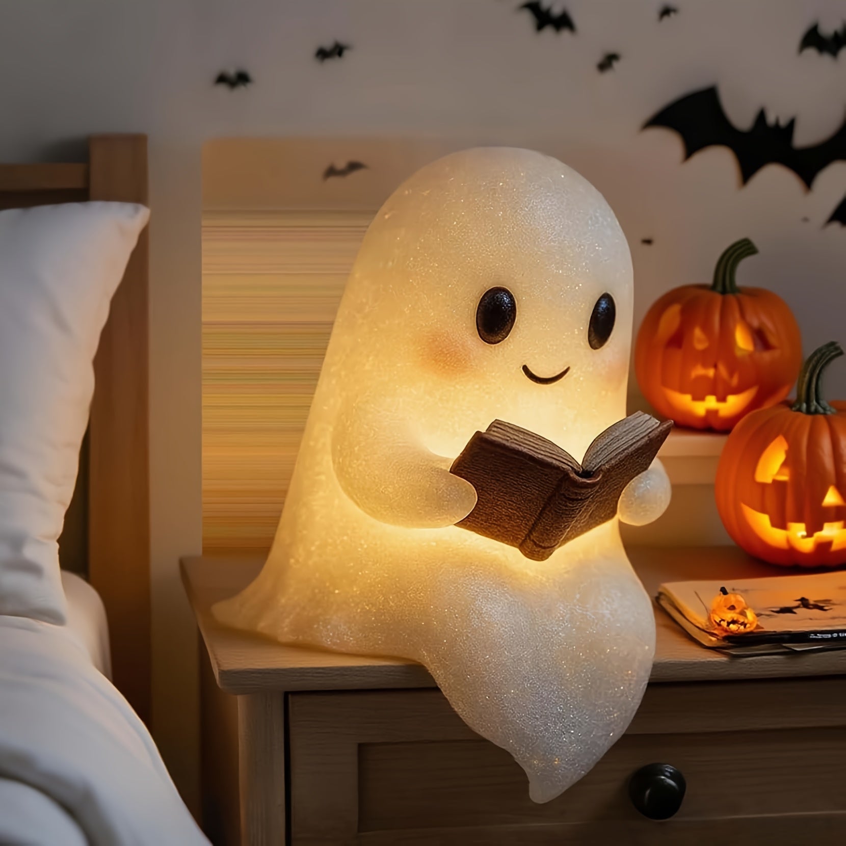 Cute Glowing Reading Book Lamp - Plug-Free Battery-Powered Warm Light with Cozy Book Light Effect, 8.6" Adorable Plush-Like Figurine with Expressive Eyes & Glowing Pages - Indoor/Outdoor Halloween & Year-Round Decor, Night Light for Bedroom, Shelf, Mantel