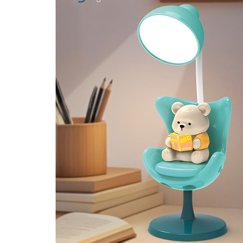 [Cute Cartoon Bear Lamp] Adjustable USB Rechargeable Cartoon Bear Desk Lamp - 3-Level Dimmable, Eye-Protection, Modern Plastic Design for Home Office & Study, Playful Design, Polished Finish