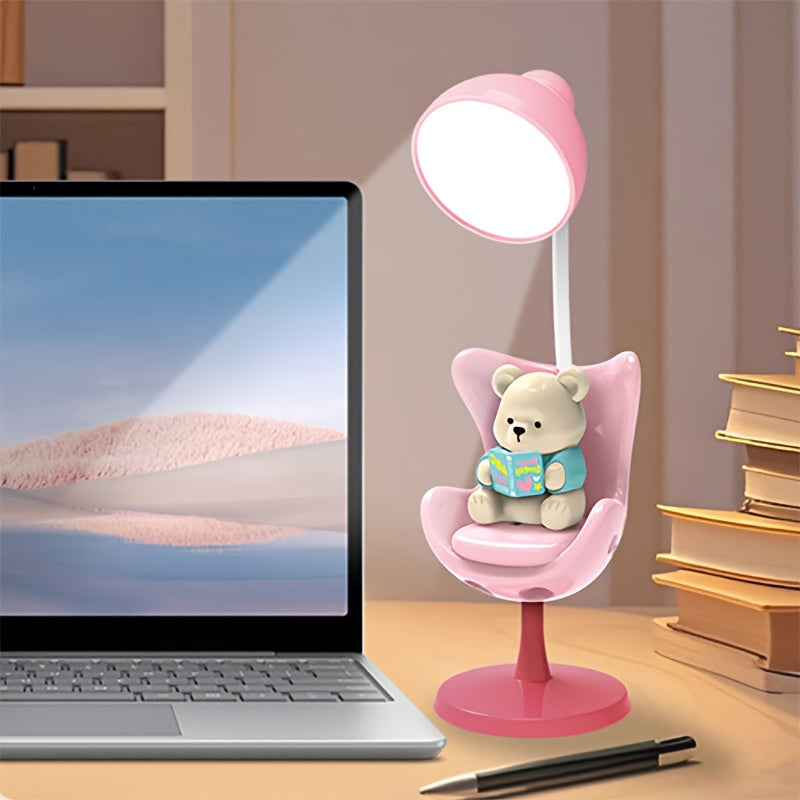 [Cute Cartoon Bear Lamp] Adjustable USB Rechargeable Cartoon Bear Desk Lamp - 3-Level Dimmable, Eye-Protection, Modern Plastic Design for Home Office & Study, Playful Design, Polished Finish