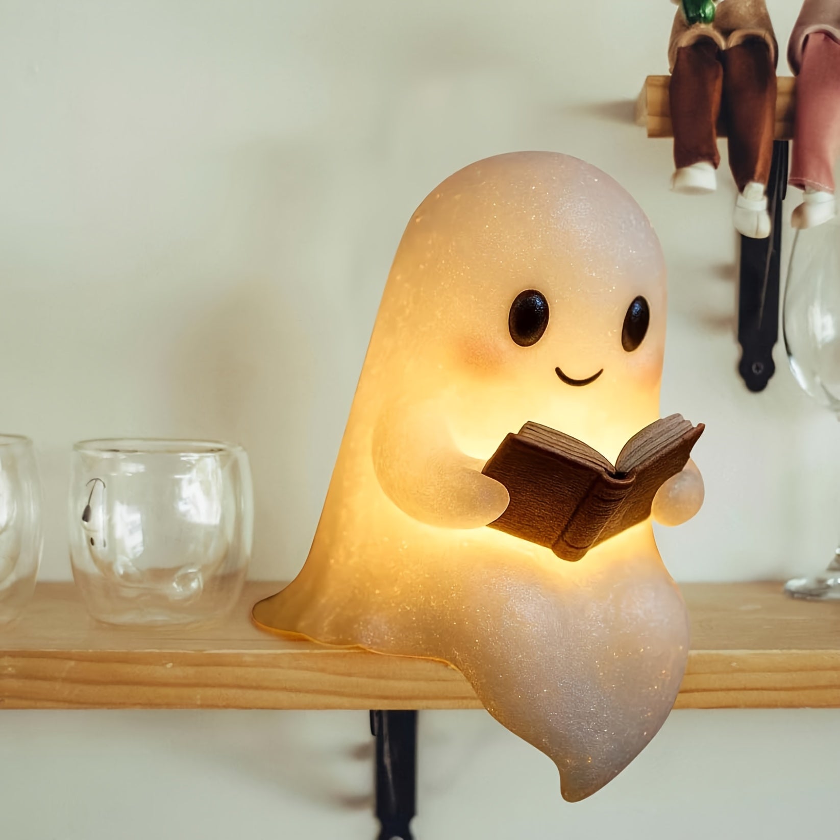 Cute Glowing Reading Book Lamp - Plug-Free Battery-Powered Warm Light with Cozy Book Light Effect, 8.6" Adorable Plush-Like Figurine with Expressive Eyes & Glowing Pages - Indoor/Outdoor Halloween & Year-Round Decor, Night Light for Bedroom, Shelf, Mantel