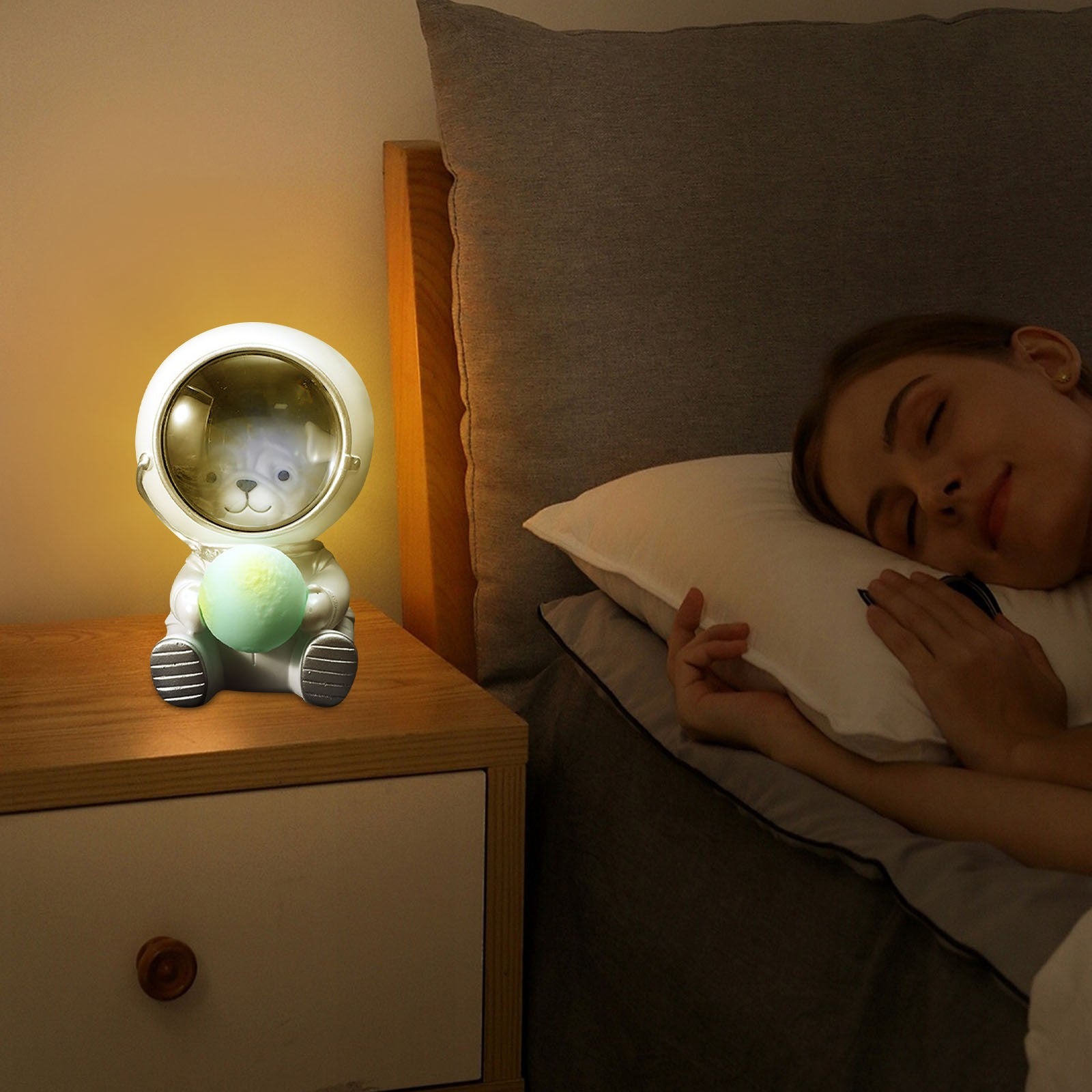 Astronaut Bear in Space Night Light - Dimmable Plug-in/Battery-Free (No Batteries Included) Warm White LED Lamp with Cute Bear Face & Planet Dome for Kids Bedroom, Nursery, Living Room - Safe Plastic Bedside Light for Adults &