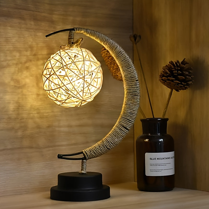 Rattan Decor LED Bedside Desk Lamp - USB-Powered Cartoon-Inspired Night Light with Bell-Shaped Shade, Polished Metal Base & Warm Ambient Lighting for Bedroom, Living Room, Home Decor, Table Lamp for Bedroom, Bedroom Lighting, Metallic Finish