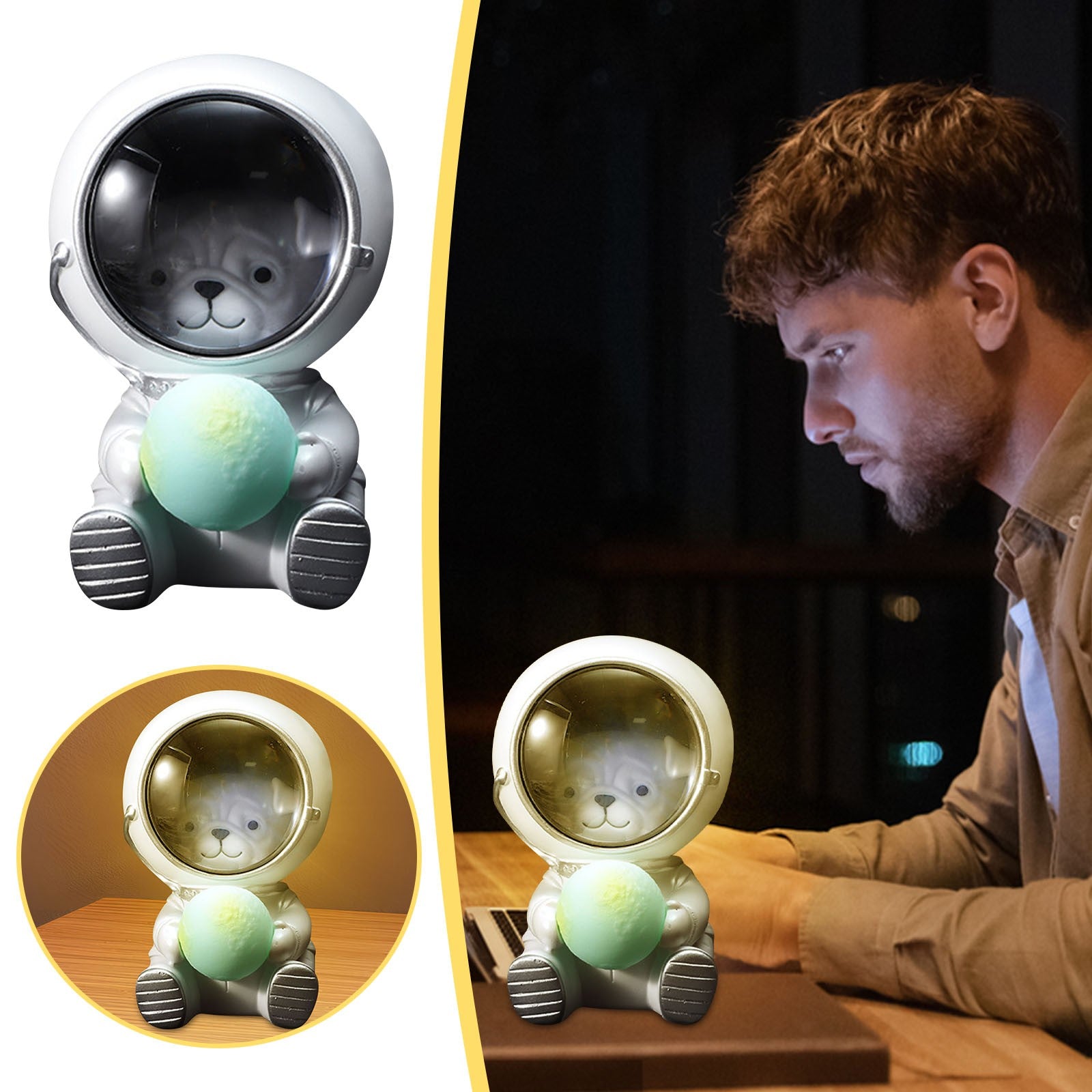 Astronaut Bear in Space Night Light - Dimmable Plug-in/Battery-Free (No Batteries Included) Warm White LED Lamp with Cute Bear Face & Planet Dome for Kids Bedroom, Nursery, Living Room - Safe Plastic Bedside Light for Adults &