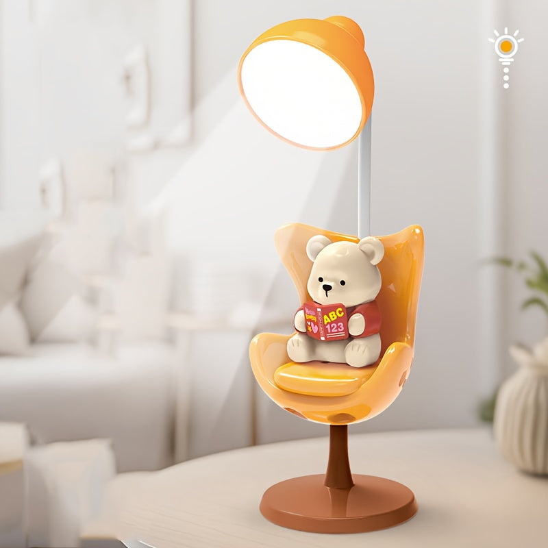 [Cute Cartoon Bear Lamp] Adjustable USB Rechargeable Cartoon Bear Desk Lamp - 3-Level Dimmable, Eye-Protection, Modern Plastic Design for Home Office & Study, Playful Design, Polished Finish