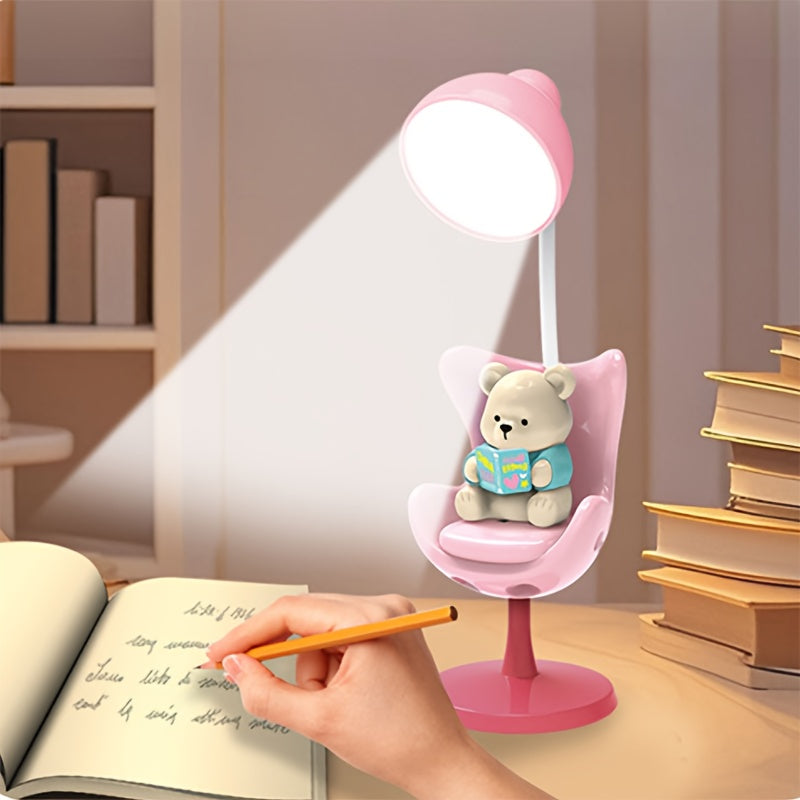[Cute Cartoon Bear Lamp] Adjustable USB Rechargeable Cartoon Bear Desk Lamp - 3-Level Dimmable, Eye-Protection, Modern Plastic Design for Home Office & Study, Playful Design, Polished Finish