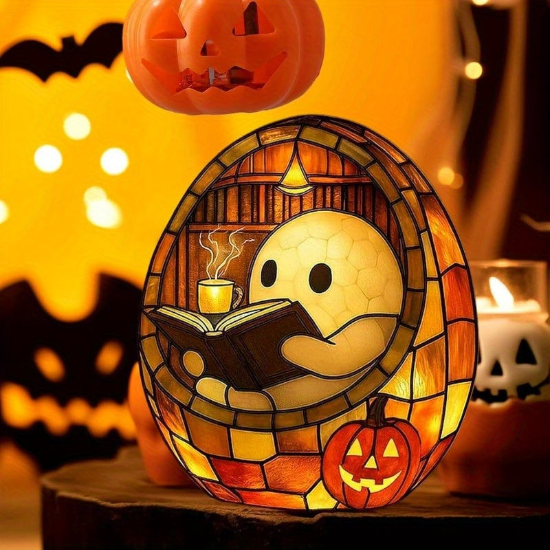 Cute Reading Bubble Night Light - Halloween Decoration with Book & Lantern, Battery-Free Tabletop, Shelf, Fireplace Decor - Spooky Ambiance Lighting for Home, Parties, Gifts - Durable Resin Construction Indoor/Outdoor Use - Perfect for Halloween Party