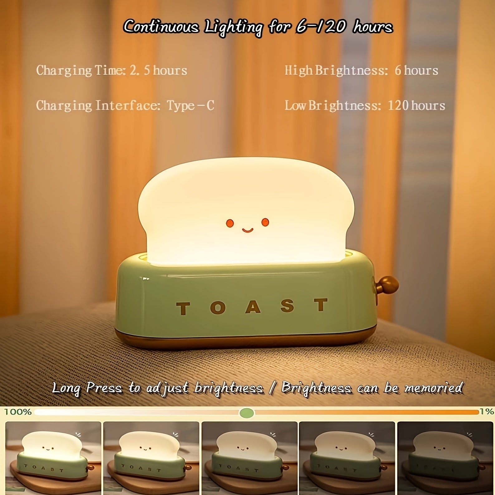 [Rechargeable LED Night Light] Staaricc Rechargeable Cute Toaster-Shaped LED Night Light - Warmth Illuminates Every Moment, Decorative Table Lamp in Green/Orange/Pink, Perfect for Christmas, Birthday, or Home Gift