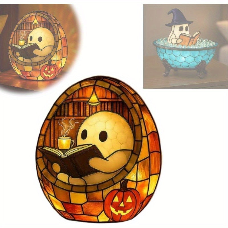 Cute Reading Bubble Night Light - Halloween Decoration with Book & Lantern, Battery-Free Tabletop, Shelf, Fireplace Decor - Spooky Ambiance Lighting for Home, Parties, Gifts - Durable Resin Construction Indoor/Outdoor Use - Perfect for Halloween Party