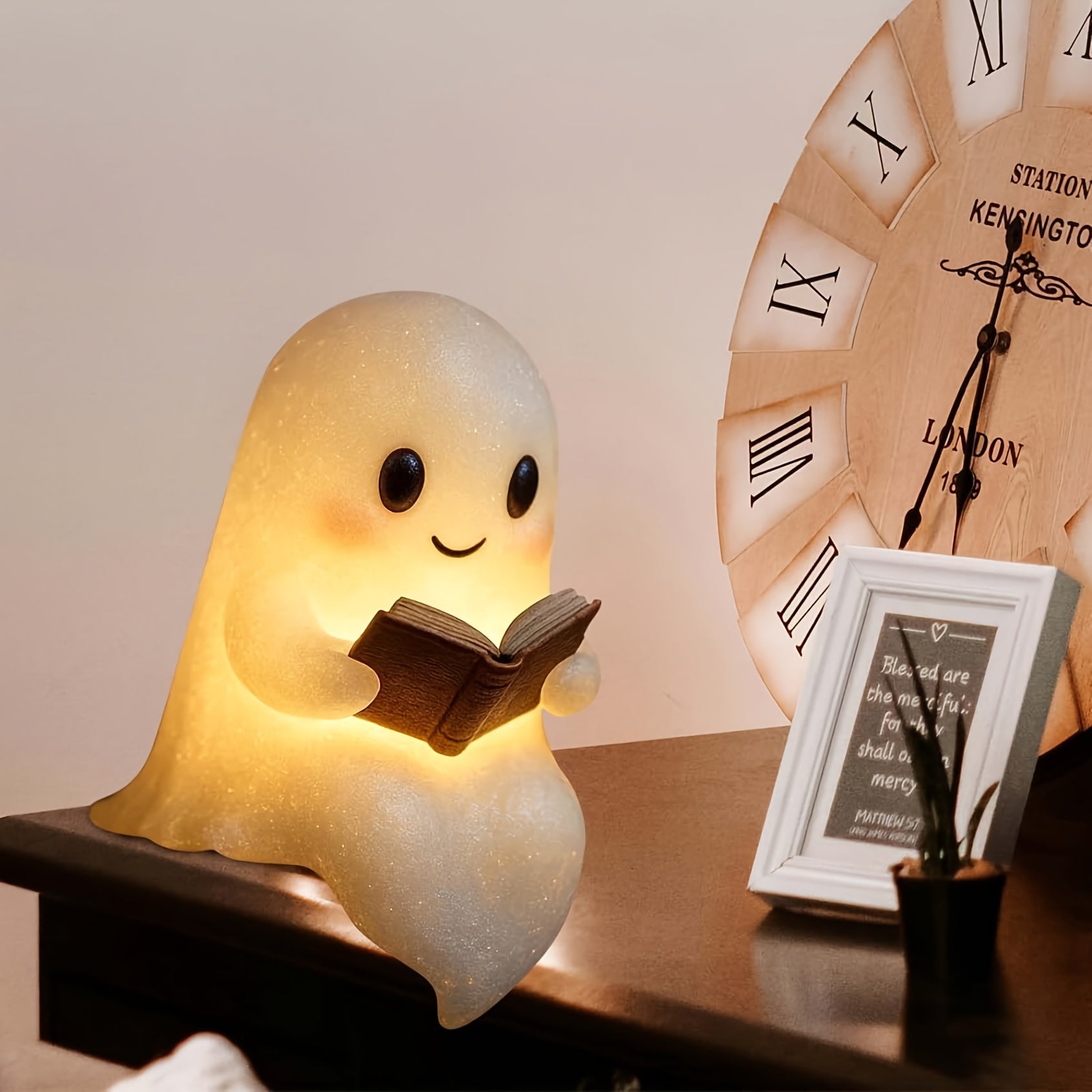 Cute Glowing Reading Book Lamp - Plug-Free Battery-Powered Warm Light with Cozy Book Light Effect, 8.6" Adorable Plush-Like Figurine with Expressive Eyes & Glowing Pages - Indoor/Outdoor Halloween & Year-Round Decor, Night Light for Bedroom, Shelf, Mantel