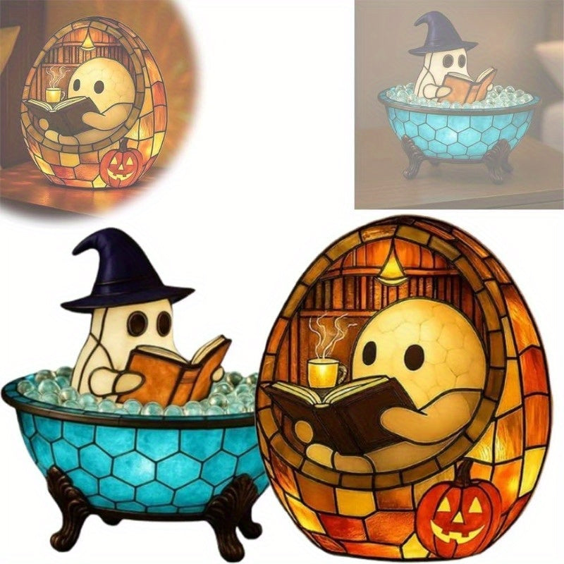 Cute Reading Bubble Night Light - Halloween Decoration with Book & Lantern, Battery-Free Tabletop, Shelf, Fireplace Decor - Spooky Ambiance Lighting for Home, Parties, Gifts - Durable Resin Construction Indoor/Outdoor Use - Perfect for Halloween Party