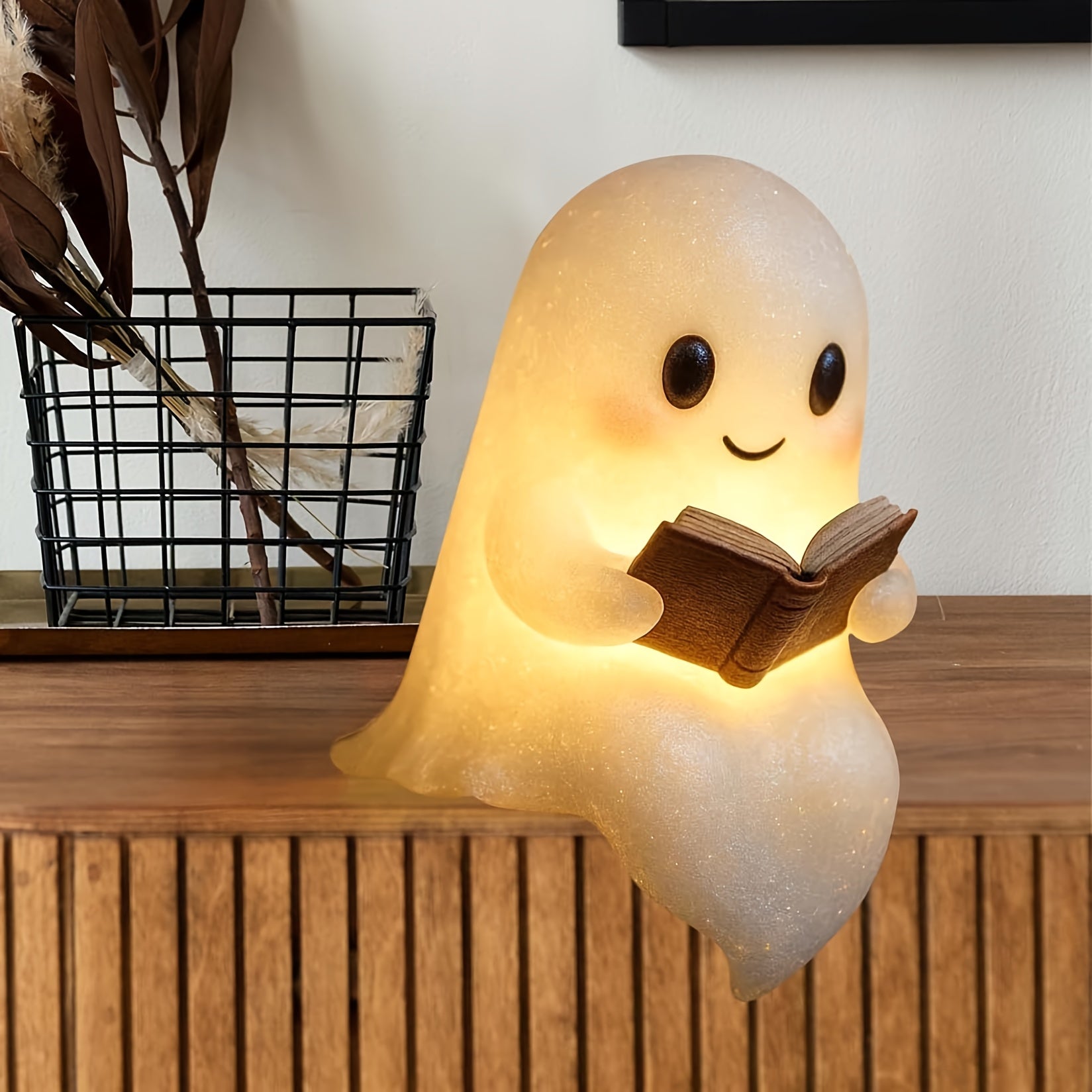 Cute Glowing Reading Book Lamp - Plug-Free Battery-Powered Warm Light with Cozy Book Light Effect, 8.6" Adorable Plush-Like Figurine with Expressive Eyes & Glowing Pages - Indoor/Outdoor Halloween & Year-Round Decor, Night Light for Bedroom, Shelf, Mantel