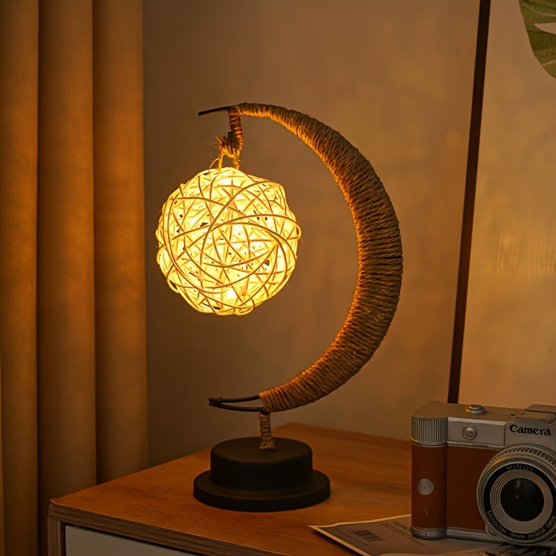 Rattan Decor LED Bedside Desk Lamp - USB-Powered Cartoon-Inspired Night Light with Bell-Shaped Shade, Polished Metal Base & Warm Ambient Lighting for Bedroom, Living Room, Home Decor, Table Lamp for Bedroom, Bedroom Lighting, Metallic Finish