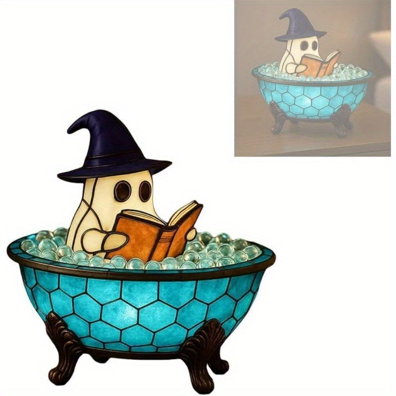 Cute Reading Bubble Night Light - Halloween Decoration with Book & Lantern, Battery-Free Tabletop, Shelf, Fireplace Decor - Spooky Ambiance Lighting for Home, Parties, Gifts - Durable Resin Construction Indoor/Outdoor Use - Perfect for Halloween Party