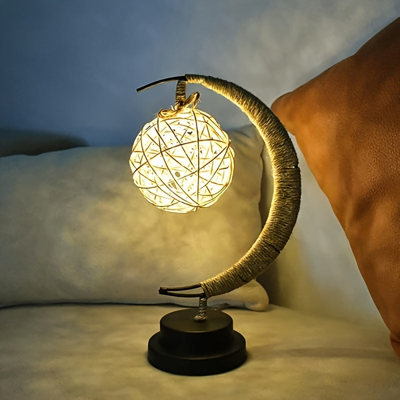 Rattan Decor LED Bedside Desk Lamp - USB-Powered Cartoon-Inspired Night Light with Bell-Shaped Shade, Polished Metal Base & Warm Ambient Lighting for Bedroom, Living Room, Home Decor, Table Lamp for Bedroom, Bedroom Lighting, Metallic Finish