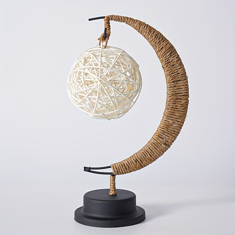 Rattan Decor LED Bedside Desk Lamp - USB-Powered Cartoon-Inspired Night Light with Bell-Shaped Shade, Polished Metal Base & Warm Ambient Lighting for Bedroom, Living Room, Home Decor, Table Lamp for Bedroom, Bedroom Lighting, Metallic Finish