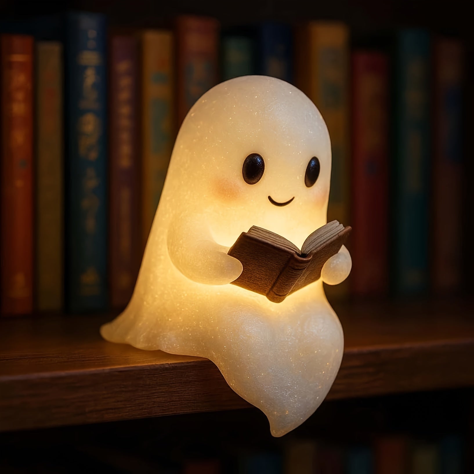 Cute Glowing Reading Book Lamp - Plug-Free Battery-Powered Warm Light with Cozy Book Light Effect, 8.6" Adorable Plush-Like Figurine with Expressive Eyes & Glowing Pages - Indoor/Outdoor Halloween & Year-Round Decor, Night Light for Bedroom, Shelf, Mantel