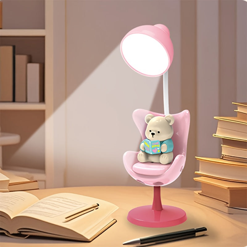 [Cute Cartoon Bear Lamp] Adjustable USB Rechargeable Cartoon Bear Desk Lamp - 3-Level Dimmable, Eye-Protection, Modern Plastic Design for Home Office & Study, Playful Design, Polished Finish