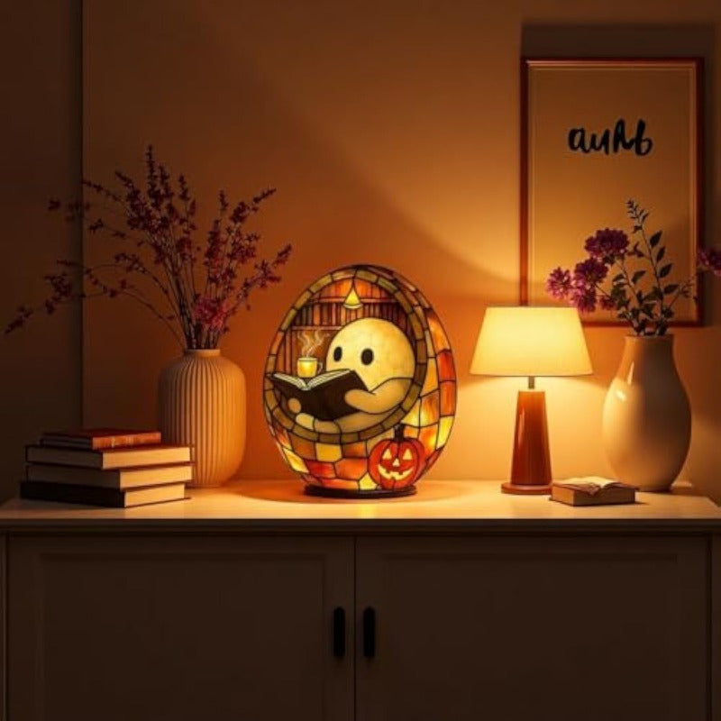 Cute Reading Bubble Night Light - Halloween Decoration with Book & Lantern, Battery-Free Tabletop, Shelf, Fireplace Decor - Spooky Ambiance Lighting for Home, Parties, Gifts - Durable Resin Construction Indoor/Outdoor Use - Perfect for Halloween Party