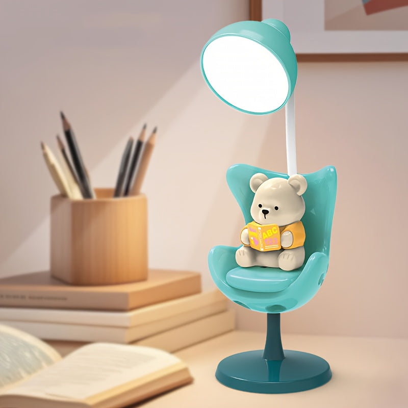 [Cute Cartoon Bear Lamp] Adjustable USB Rechargeable Cartoon Bear Desk Lamp - 3-Level Dimmable, Eye-Protection, Modern Plastic Design for Home Office & Study, Playful Design, Polished Finish