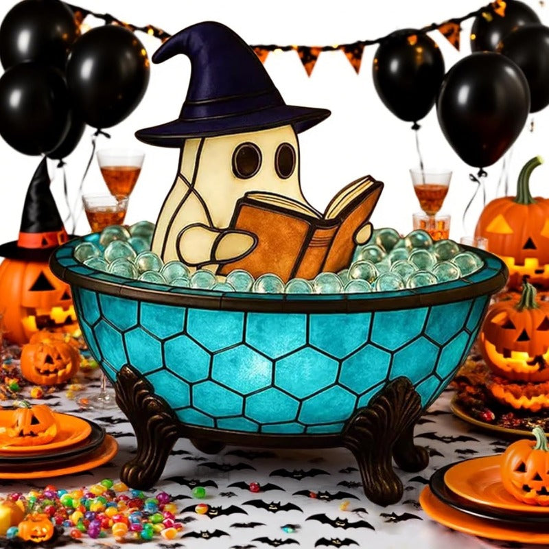 Cute Reading Bubble Night Light - Halloween Decoration with Book & Lantern, Battery-Free Tabletop, Shelf, Fireplace Decor - Spooky Ambiance Lighting for Home, Parties, Gifts - Durable Resin Construction Indoor/Outdoor Use - Perfect for Halloween Party