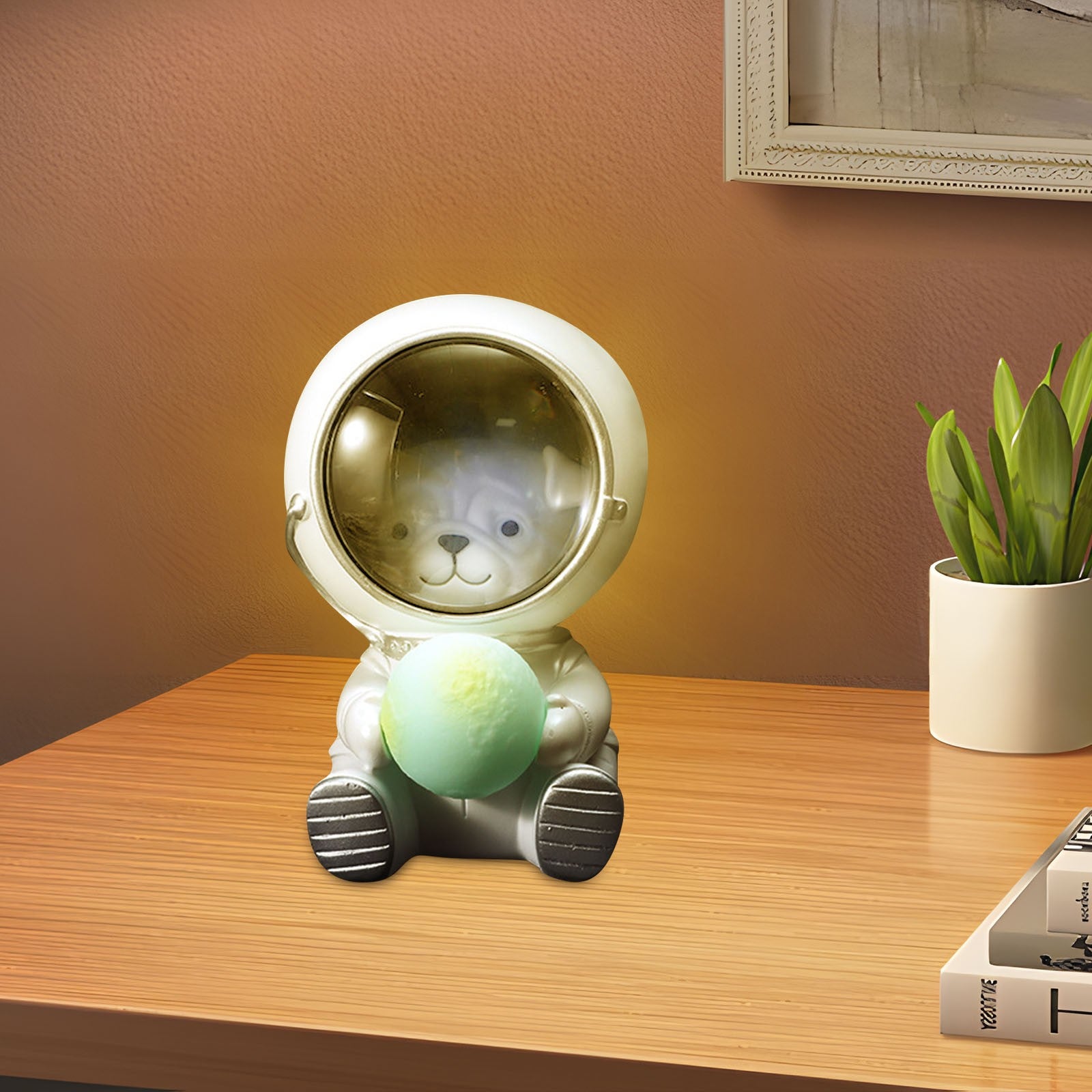 Astronaut Bear in Space Night Light - Dimmable Plug-in/Battery-Free (No Batteries Included) Warm White LED Lamp with Cute Bear Face & Planet Dome for Kids Bedroom, Nursery, Living Room - Safe Plastic Bedside Light for Adults &