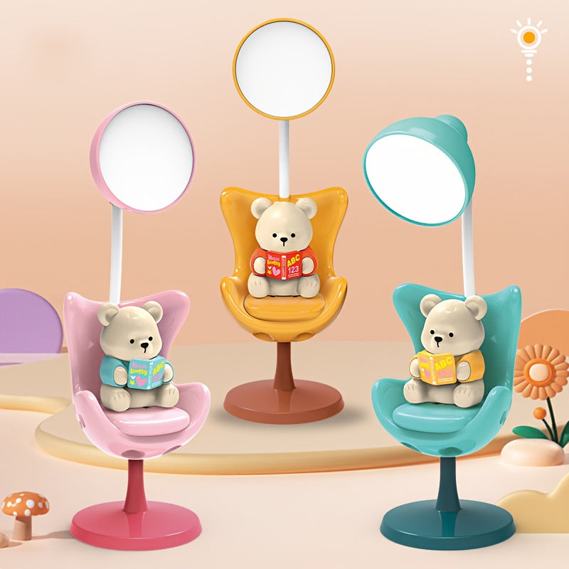 [Cute Cartoon Bear Lamp] Adjustable USB Rechargeable Cartoon Bear Desk Lamp - 3-Level Dimmable, Eye-Protection, Modern Plastic Design for Home Office & Study, Playful Design, Polished Finish